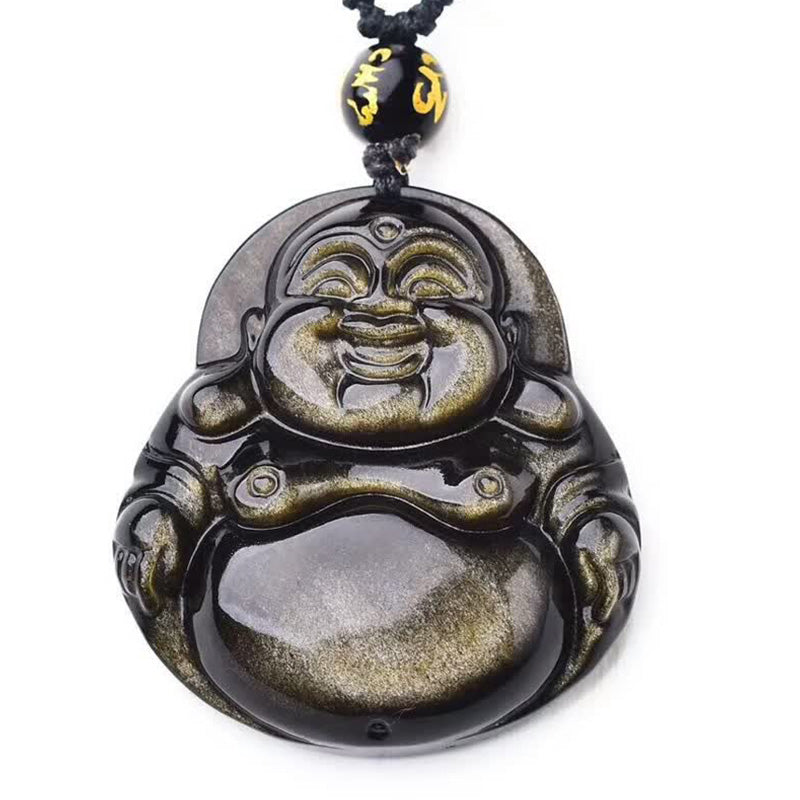 Fortune Jewel Laughing Buddha Gold Sheen Obsidian Wealth Necklace Pendant