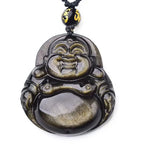 Fortune Jewel Laughing Buddha Gold Sheen Obsidian Wealth Necklace Pendant