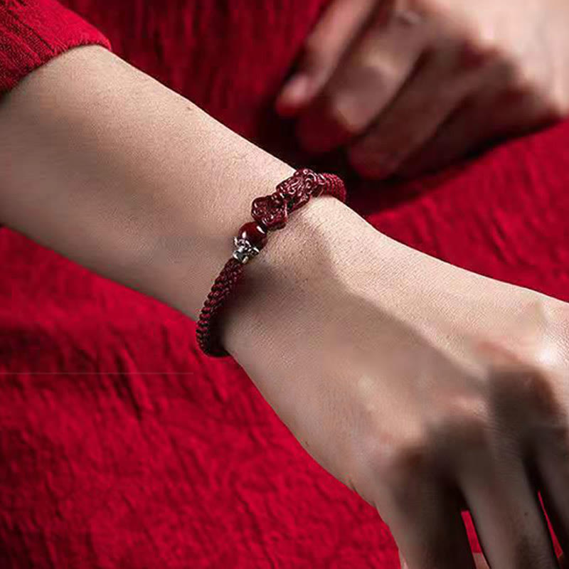 Fortune Jewel Handcrafted PiXiu Cinnabar Wealth Luck Braided Bracelet