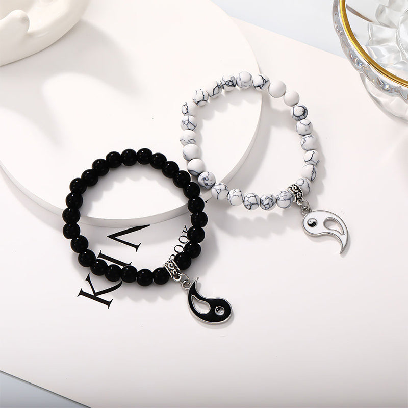 Fortune Jewel 2Pcs Black Onyx White Turquoise Bead Yin Yang Protection Couple Bracelet