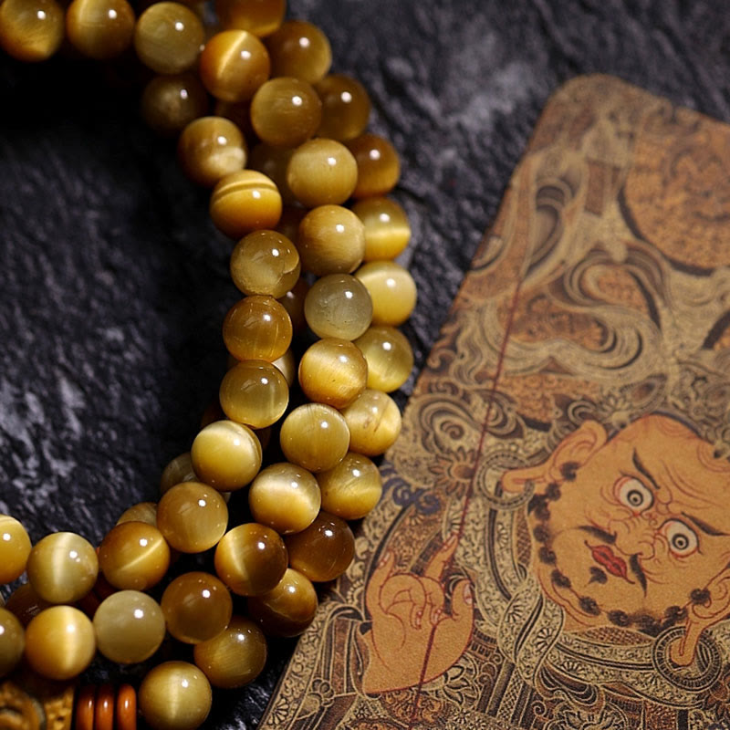 Fortune Jewel 108 Mala Beads Natural Tiger Eye Copper Dorje Protection Tassel Bracelet