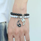 Fortune Jewel 2pcs Natural Black Onyx White Turquoise Bead Yin Yang Couple Bracelet
