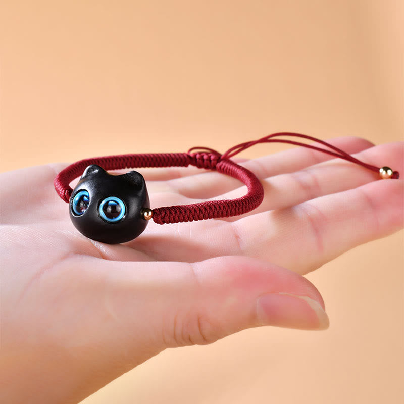 Fortune Jewel Ebony Wood Cat Head Pattern Peace King Kong Knot Braided Bracelet