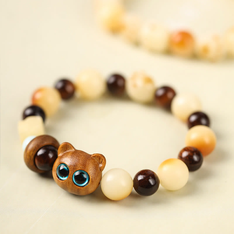 Fortune Jewel Natural Bodhi Seed Sandalwood Lucky Cute Cat Head Paw Claw Peace Bracelet