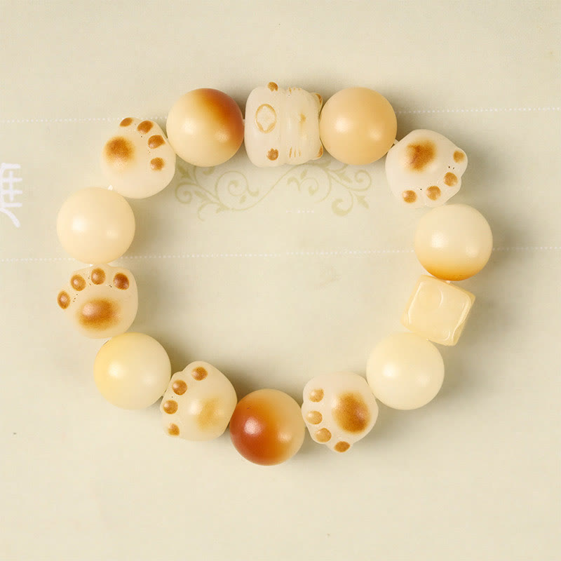 Fortune Jewel Natural Bodhi Seed Sandalwood Lucky Cute Cat Head Paw Claw Peace Bracelet