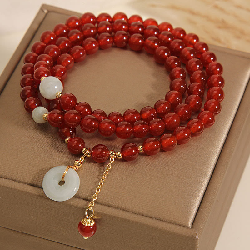 Fortune Jewel Natural Red Agate Jade Peace Buckle Calm Triple Wrap Bracelet