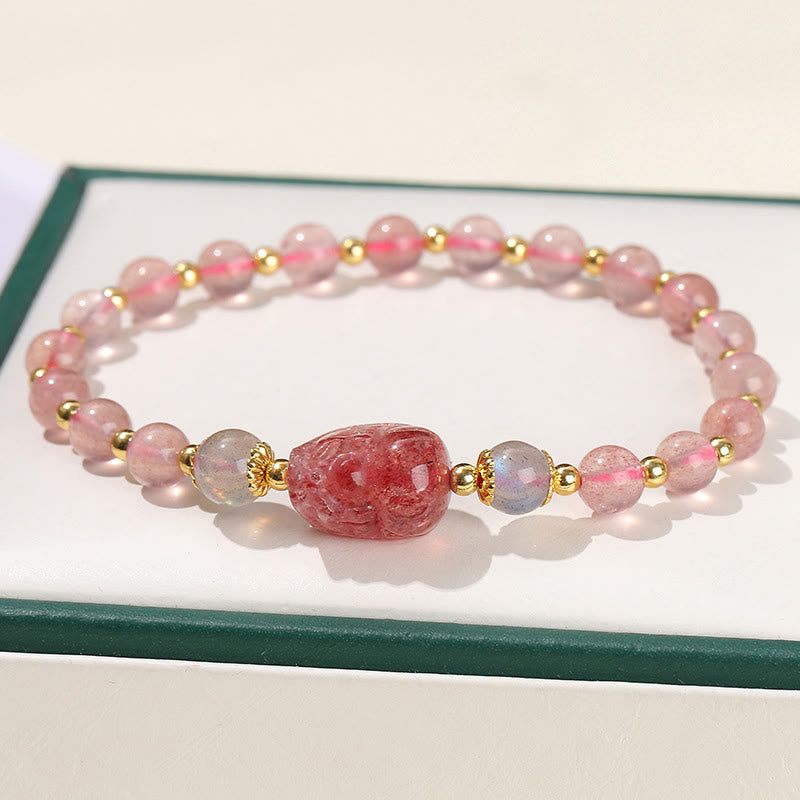 Fortune Jewel Moonstone Strawberry Quartz Tourmaline PiXiu Healing Bracelet