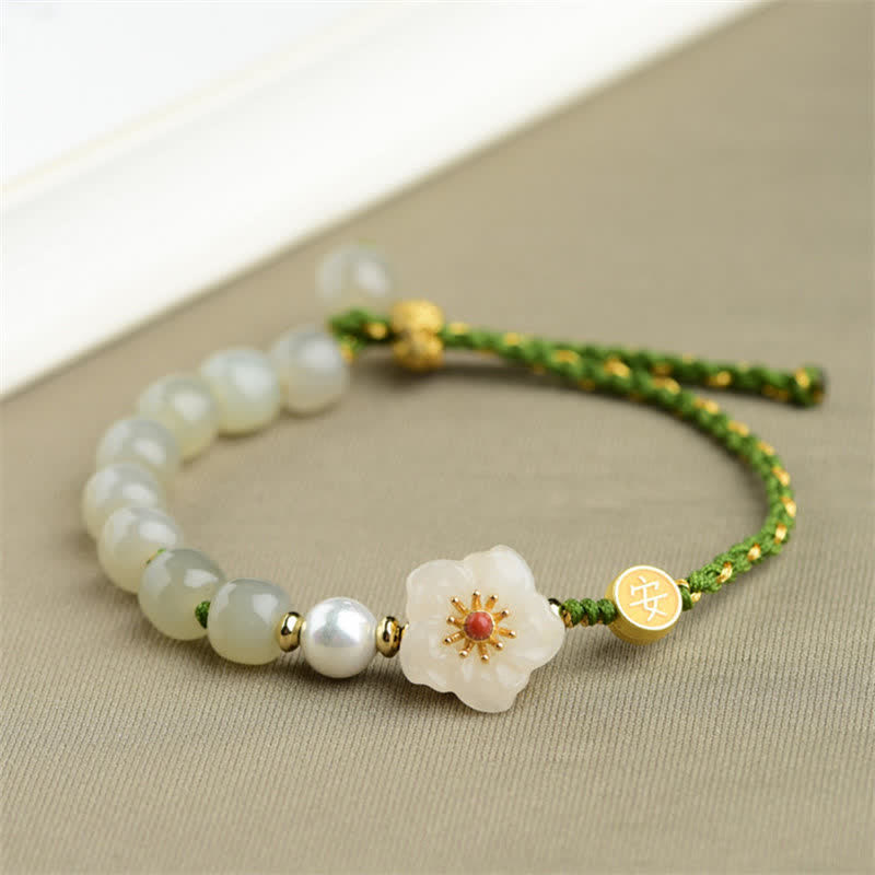 Fortune Jewel 925 Sterling Silver Natural Hetian Jade Peach Blossom Luck Bracelet