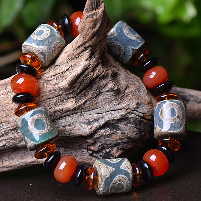 Fortune Jewel Tibetan Three-eyed Dzi Bead Agate Protection Happiness Bracelet