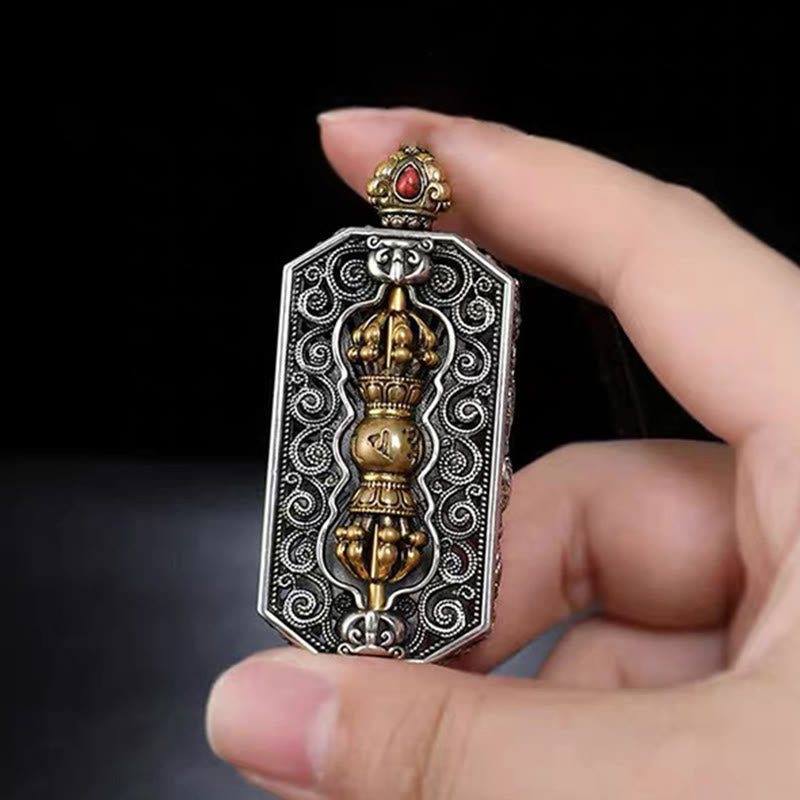 Fortune Jewel Tibetan Om Mani Padme Hum Carved Dorje Vajra Rotatable Lotus Pattern Purity Rope Necklace Pendant
