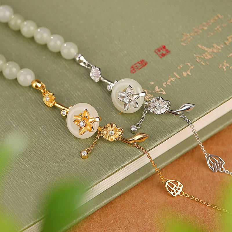 Fortune Jewel 925 Sterling Silver Hetian Jade Peace Buckle Lotus Luck Chain Bracelet