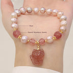 Fortune Jewel Natural Pearl Strawberry Quartz Cute Fox Love Healing Charm Bracelet