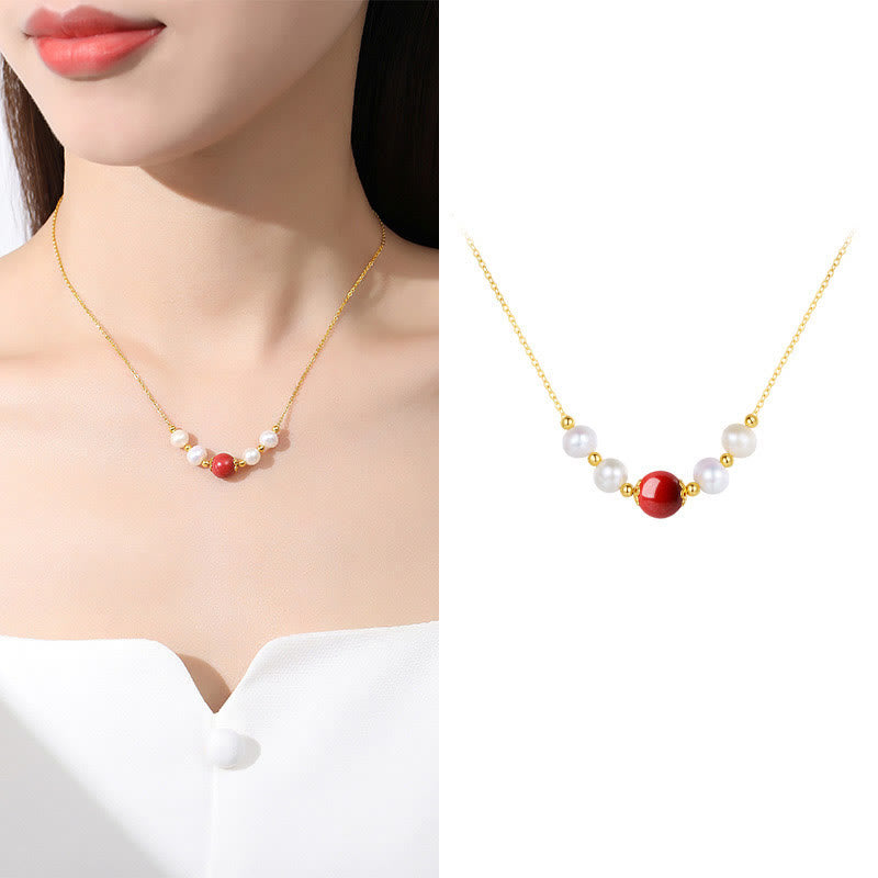 Fortune Jewel 925 Sterling Silver Pearl Cinnabar Sincerity Healing Bead Chain Necklace Pendant