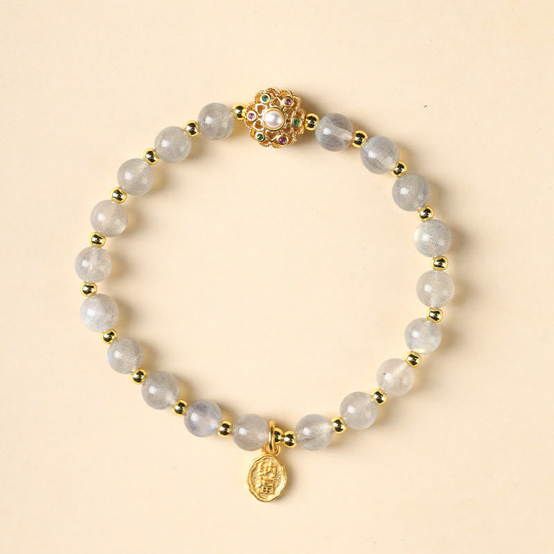 Fortune Jewel 14K Gold Plated Natural Strawberry Quartz Labradorite Sun Stone Fu Character Positive Charm Bracelet