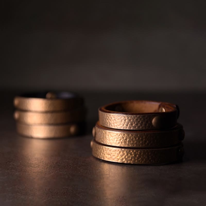 Fortune Jewel Vintage Handmade Texture Copper Brass Leather Wealth Bracelet Bangle