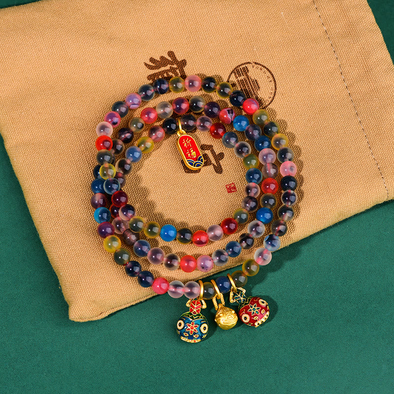 Fortune Jewel Colorful Candy Agate Gold Swallowing Beast Family Strength Charm Triple Wrap Bracelet
