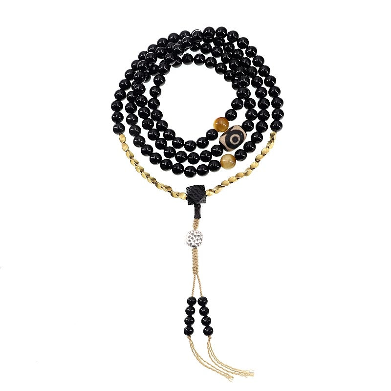 Fortune Jewel Tibetan 108 Mala Beads Black Onyx Three-eyed Dzi Beads Protection Bracelet