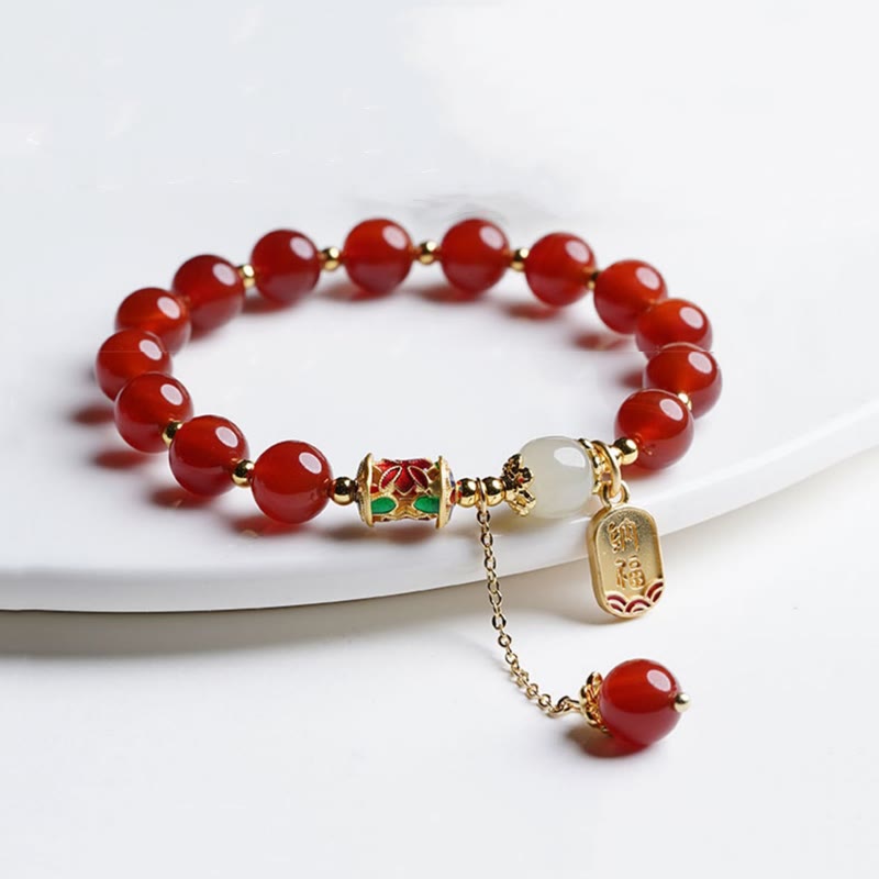 Fortune Jewel Natural Red Agate Hetian Jade Fu Character Confidence Charm Bracelet