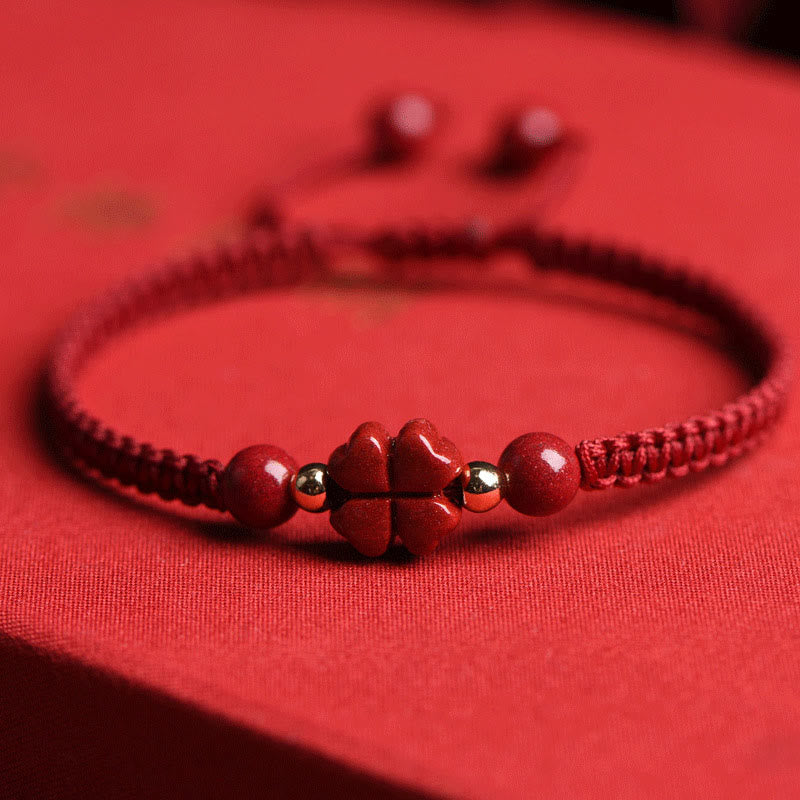 Fortune Jewel Four Leaf Clover Five-petal Flower Cinnabar Blessing Red String Bracelet