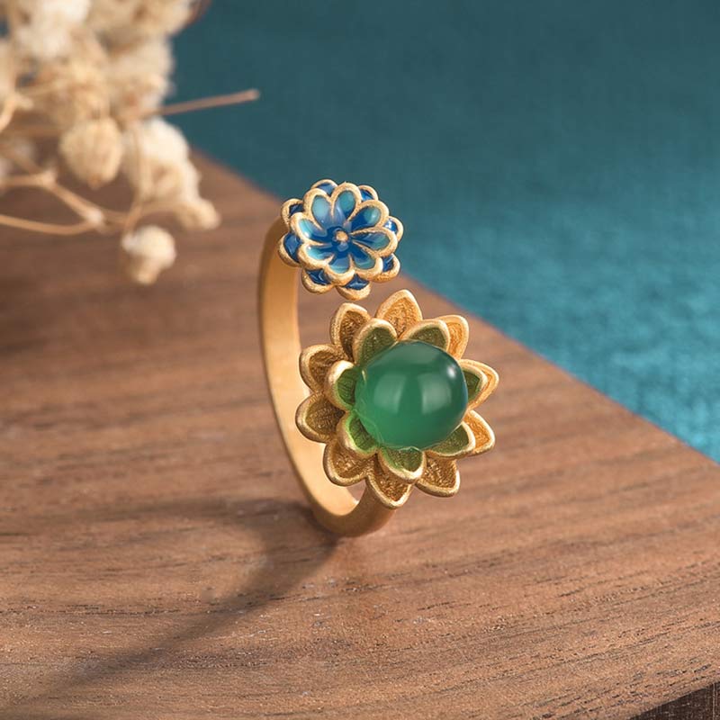 Fortune Jewel Lotus Pattern Jade Abundance Adjustable Ring Fortune Jewel