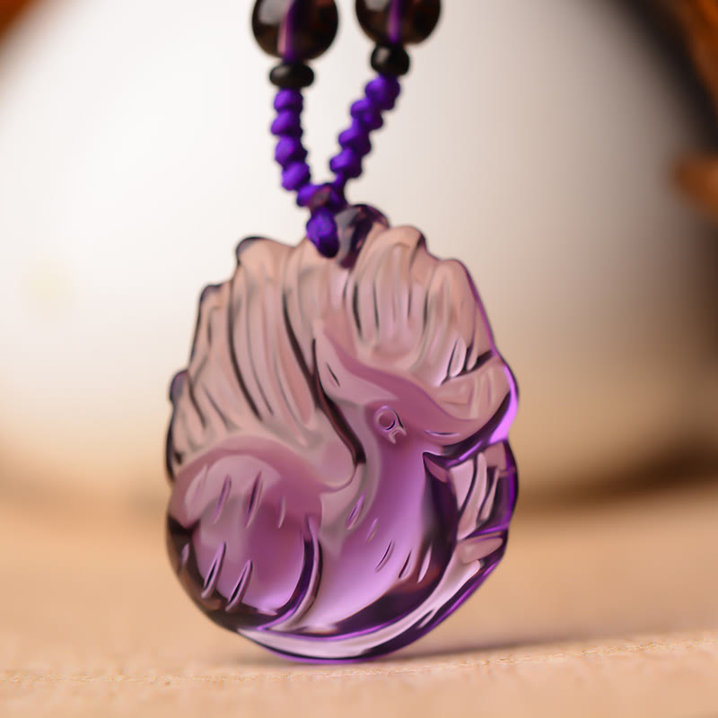 Fortune Jewel Natural Amethyst White Crystal Citrine Nine Tailed Fox Luck Necklace Pendant