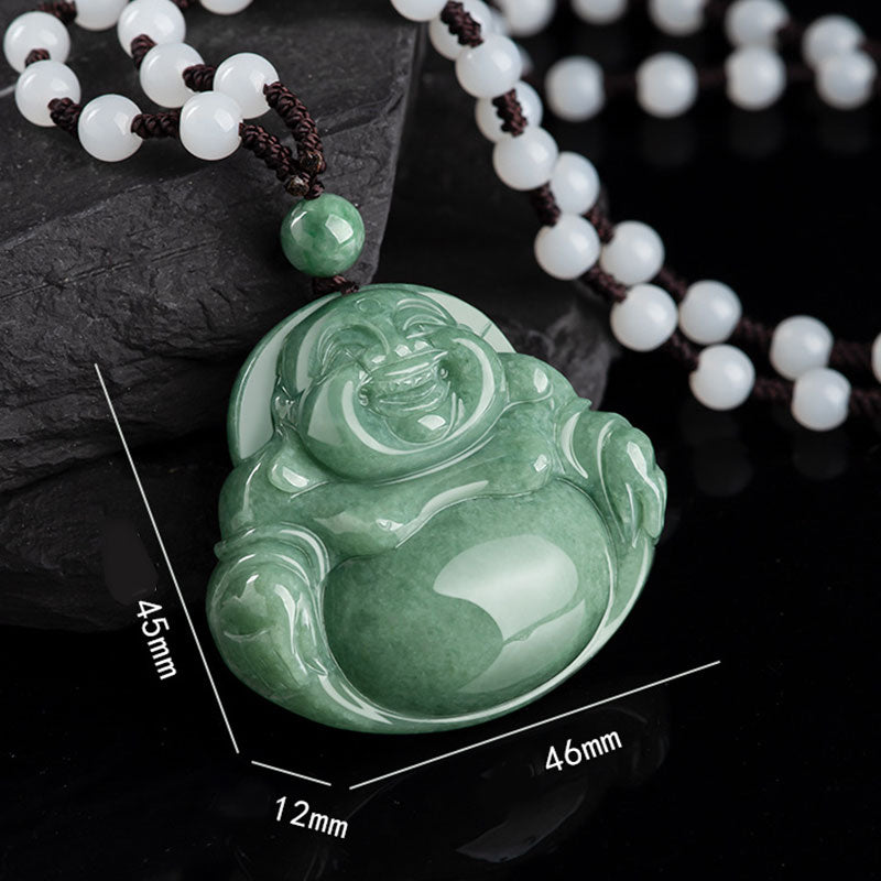 Buddha Stones Laughing Buddha Cyan Jade Harmony Necklace String Bead Pendant Fortune Jewel