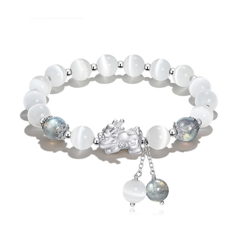 Fortune Jewel Natural Cat's Eye Moonstone Strawberry Quartz PiXiu Support Bracelet