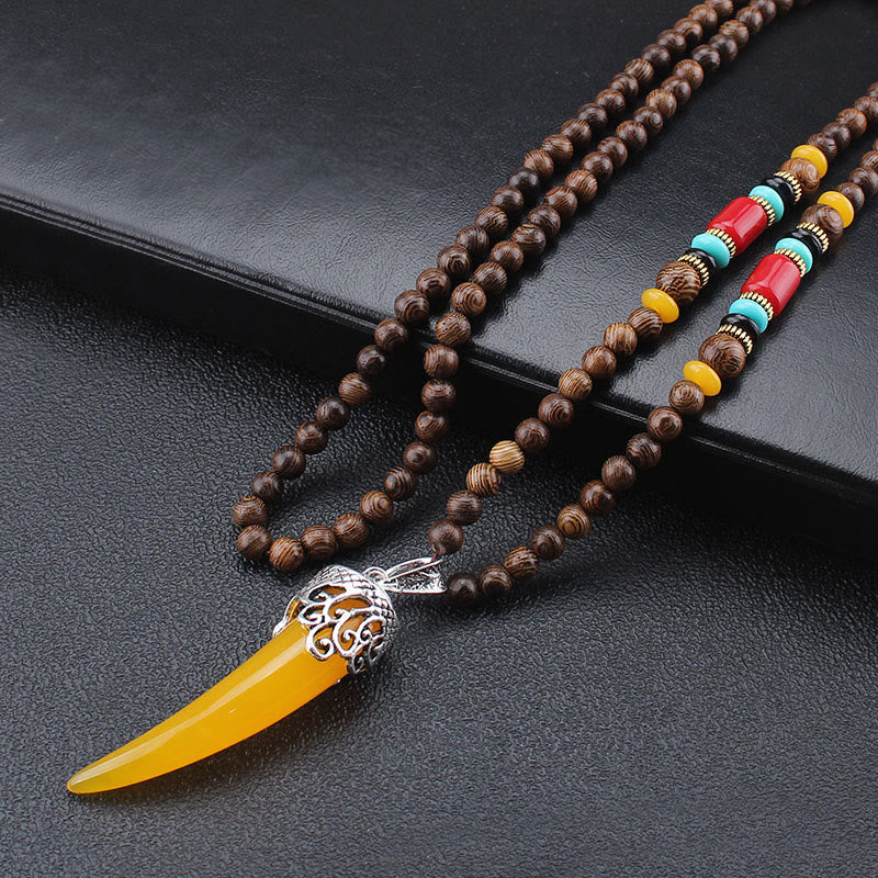 Fortune Jewel Wenge Wood Turquoise Stone Horn Style Protection Meditation Necklace Pendant