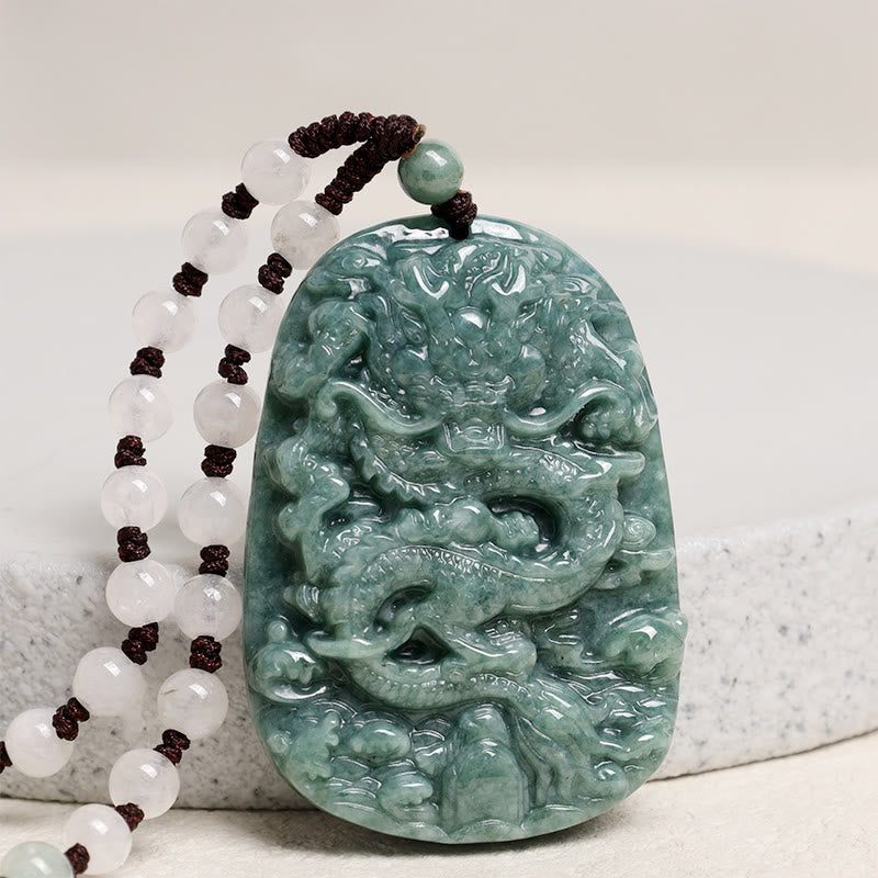 Buddha Stones Chinese Zodiac Dragon Jade Prosperity Necklace Bead String Pendant Fortune Jewel
