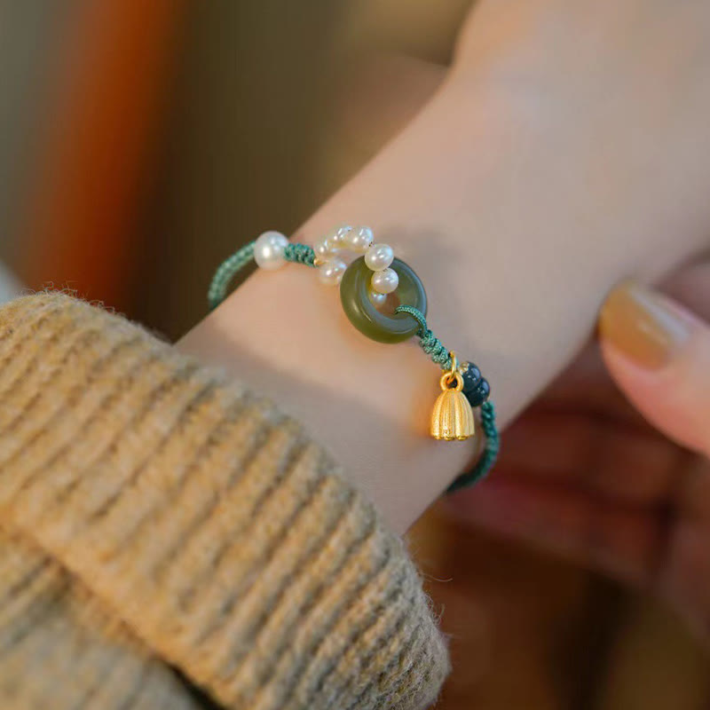 Fortune Jewel Natural Hetian Jade Peace Buckle Pearl Luck Handcrafted Braided Bracelet