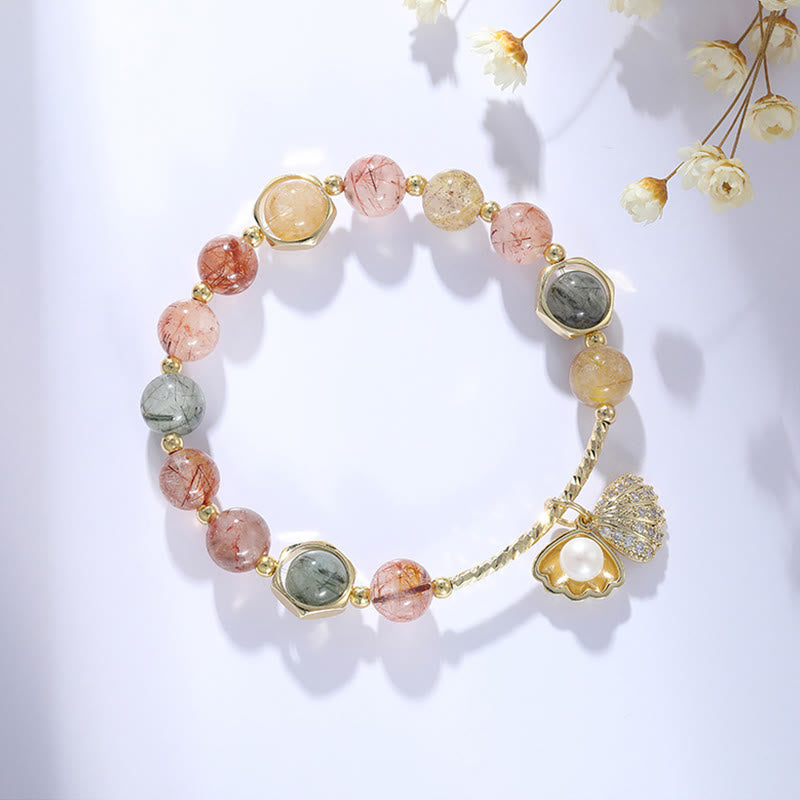Fortune Jewel Natural Colorful Rutilated Quartz Shell Protection Bead Bracelet