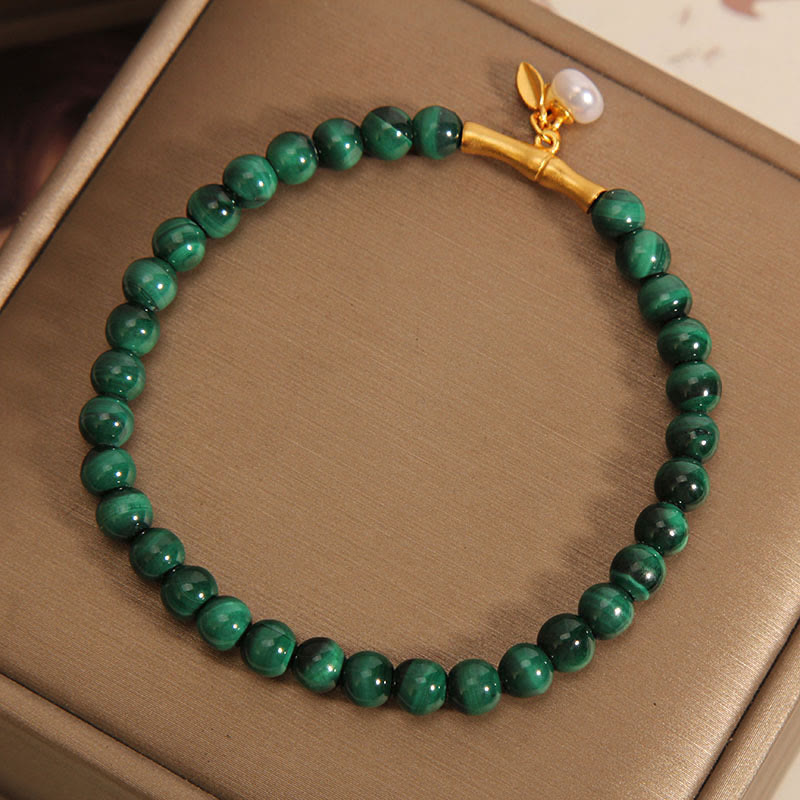 Fortune Jewel Natural Malachite Pearl Lucky Bamboo Anti-Anxiety Bracelet