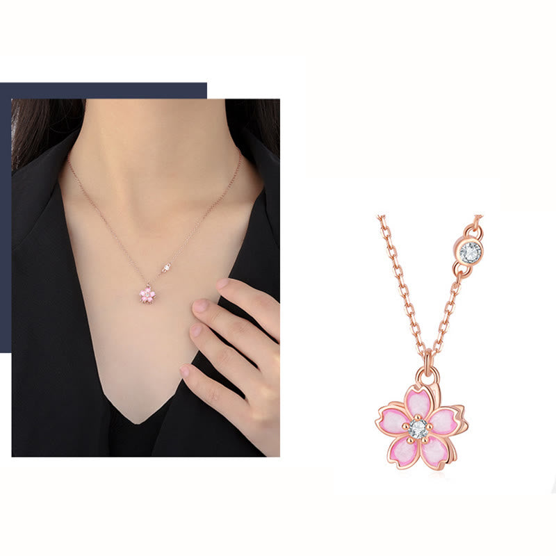 Fortune Jewel 925 Sterling Silver Cherry Blossom Flower Rotatable Protection Necklace Pendant