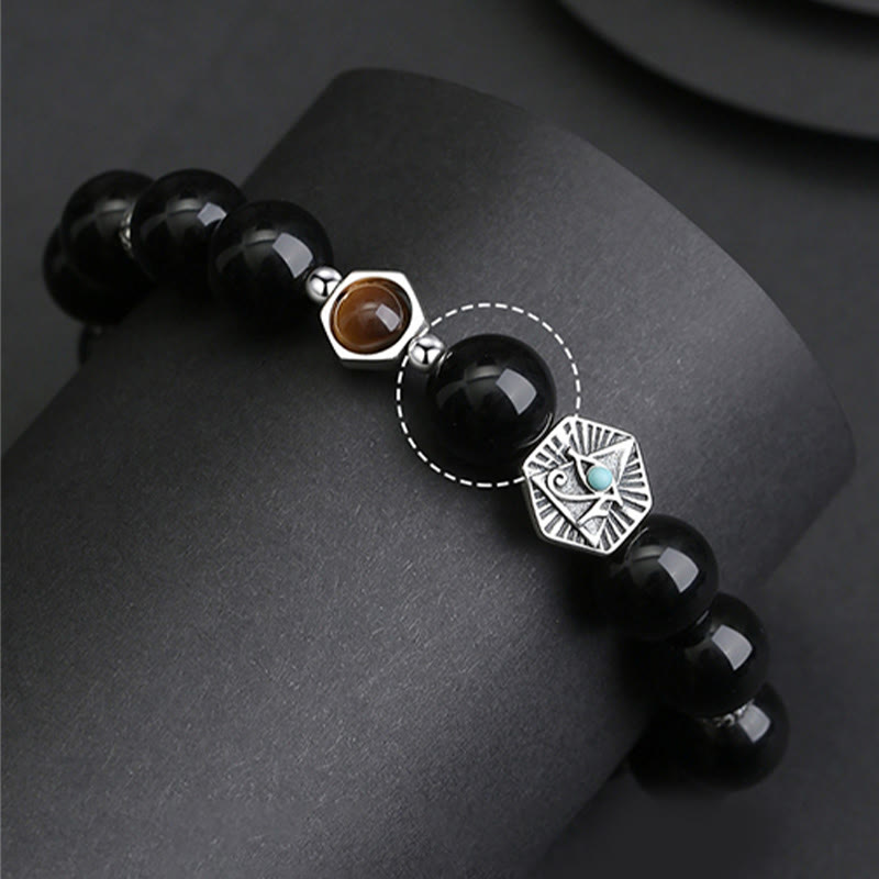 Fortune Jewel 925 Sterling Silver Black Obsidian Tiger Eye Eye of Providence Purification Bracelet
