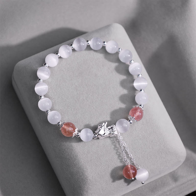Fortune Jewel Natural Cat's Eye Moonstone Strawberry Quartz PiXiu Support Bracelet