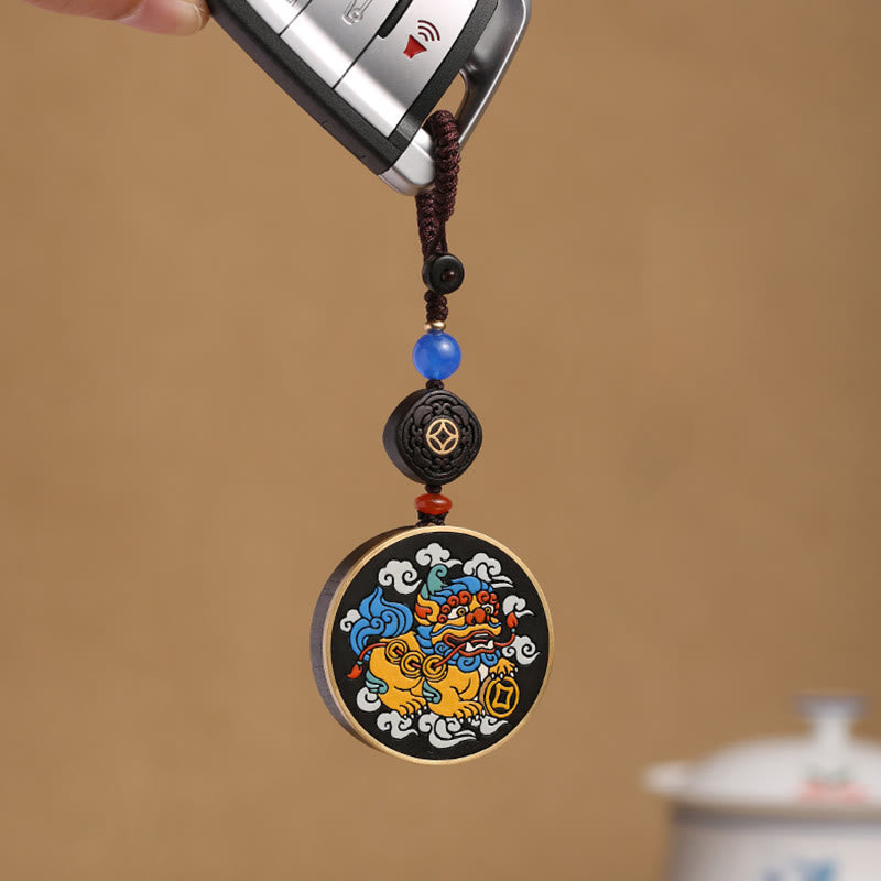 Fortune Jewel PiXiu Copper Coin Ebony Wood Luck Attract Wealth Key Chain Decoration