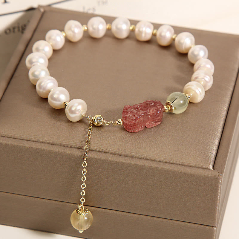Fortune Jewel Natural Pearl Strawberry Quartz PiXiu Optimism Charm Bracelet