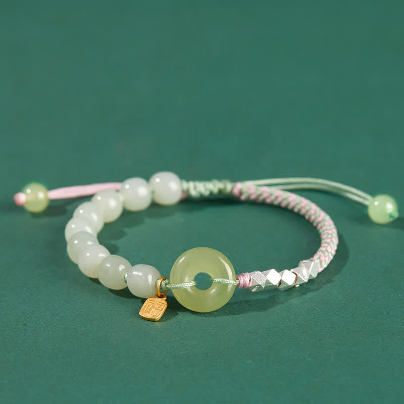 Fortune Jewel 925 Sterling Silver Hetian Jade Peace Buckle Beaded Luck Happiness Charm Bracelet