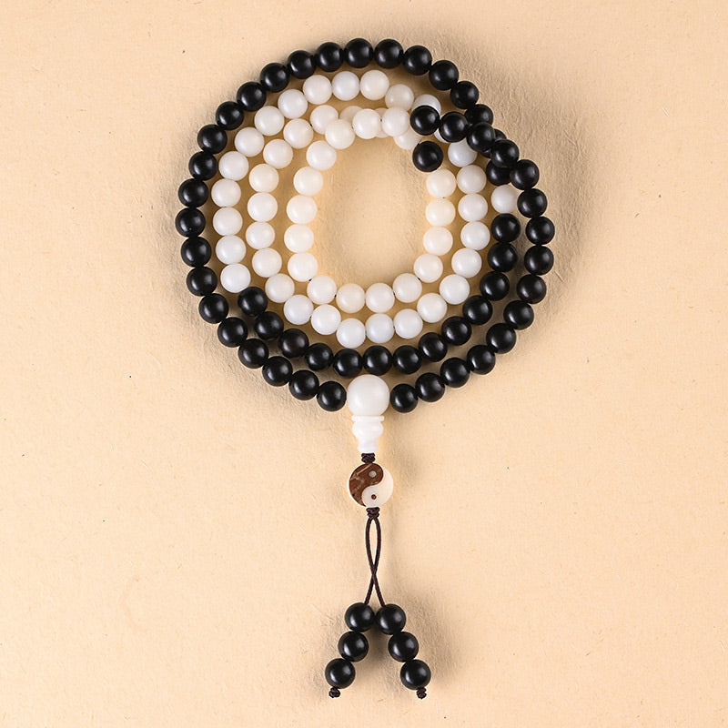 Buddha Stones Ebony YinYang Protection Necklace Mala Fortune Jewel
