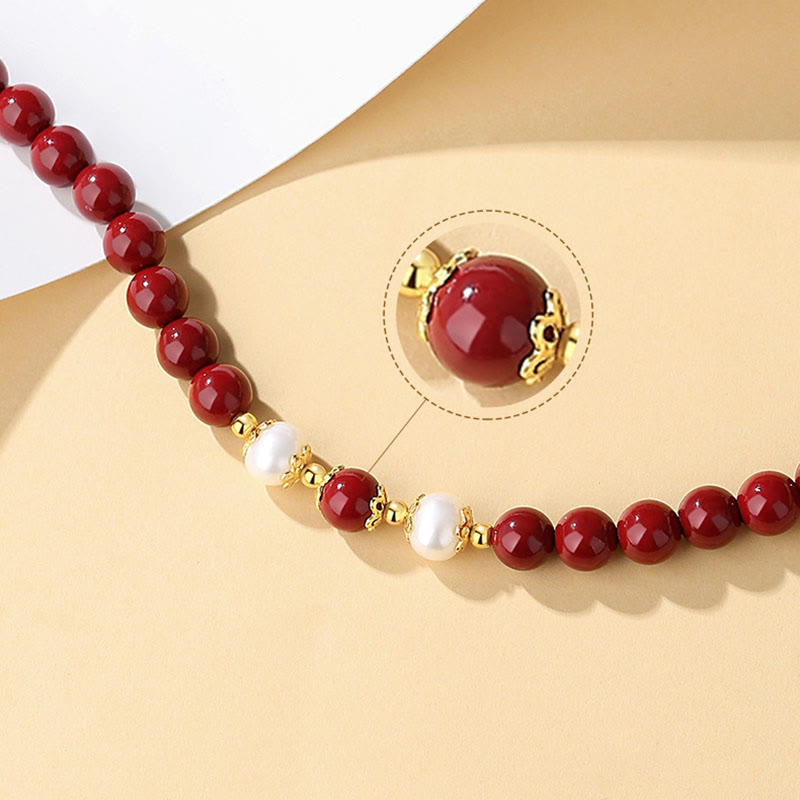 Fortune Jewel 925 Sterling Silver Natural Cinnabar Pearl Blessing Necklace Pendant Bracelet Earrings Jewelry Set