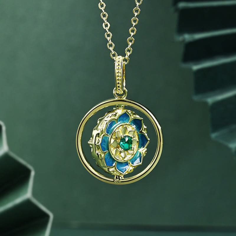 Fortune Jewel 925 Sterling Silver Lotus Flower Floral Zircon Enlightenment Rotatable Necklace Pendant Fortune Jewel