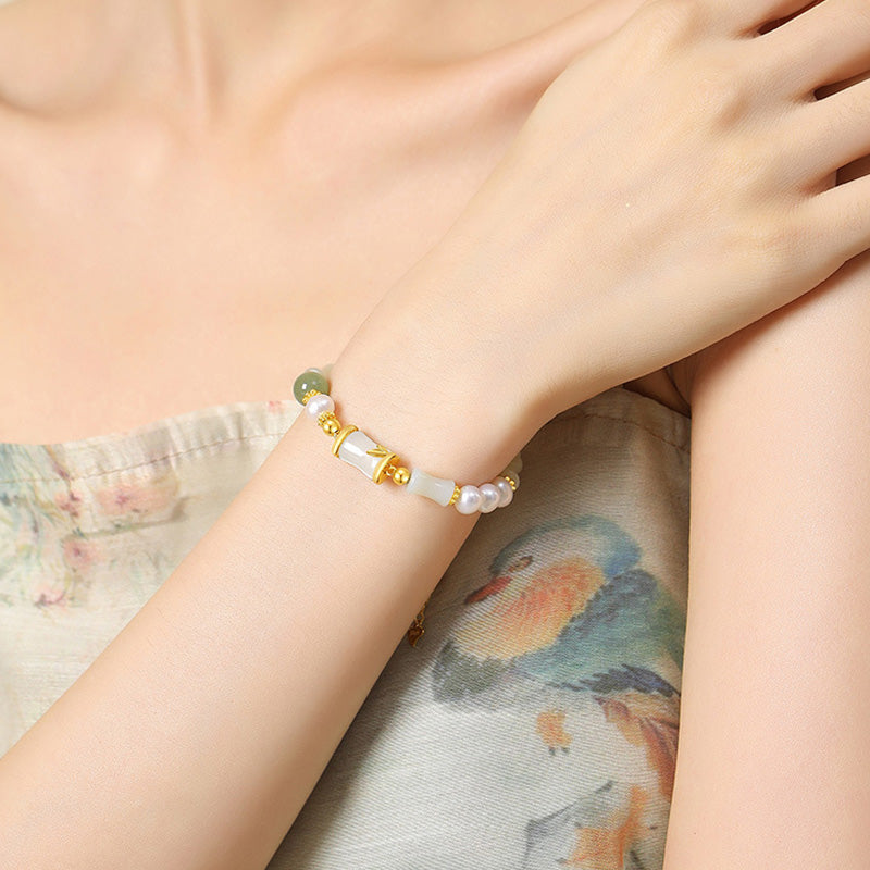 Fortune Jewel 925 Sterling Silver Natural Hetian White Jade Bamboo Luck Blessing Bracelet