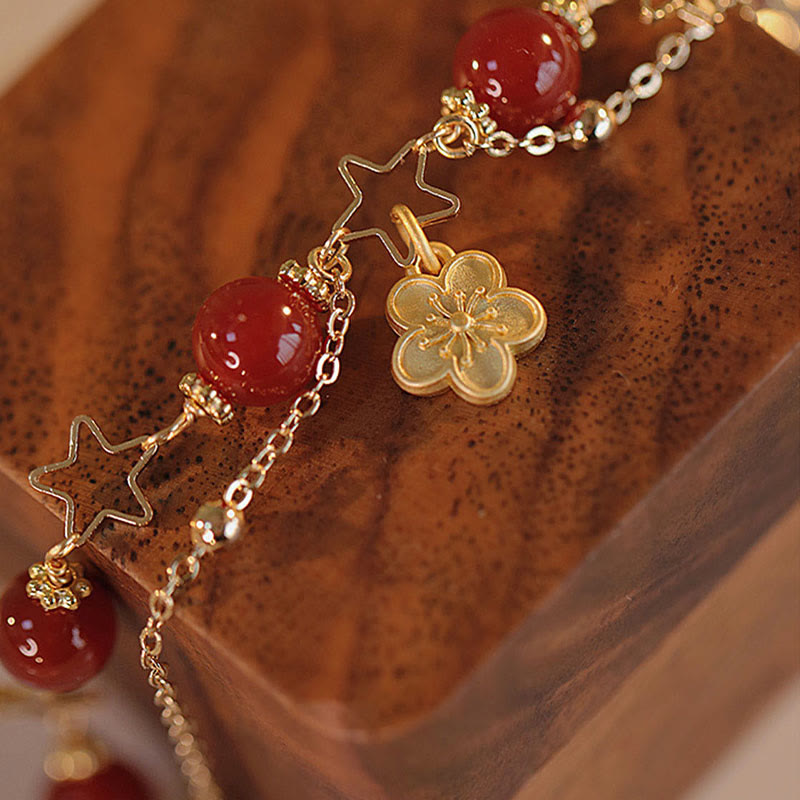 Fortune Jewel 14k Gold Plated Red Agate Star Flower Charm Calm Bracelet