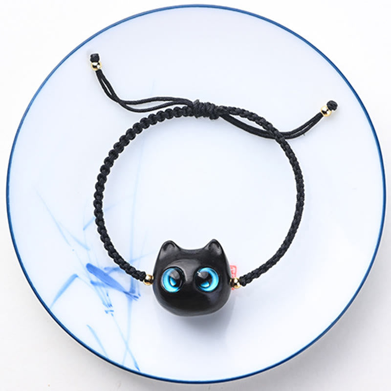 Fortune Jewel Small Leaf Red Sandalwood Ebony Wood Cute Cat Head Calm Protection Braided Bracelet