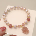 Fortune Jewel Natural Pearl Strawberry Quartz Cute Fox Love Healing Charm Bracelet