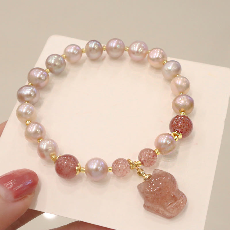 Fortune Jewel Natural Pearl Strawberry Quartz Cute Fox Love Healing Charm Bracelet