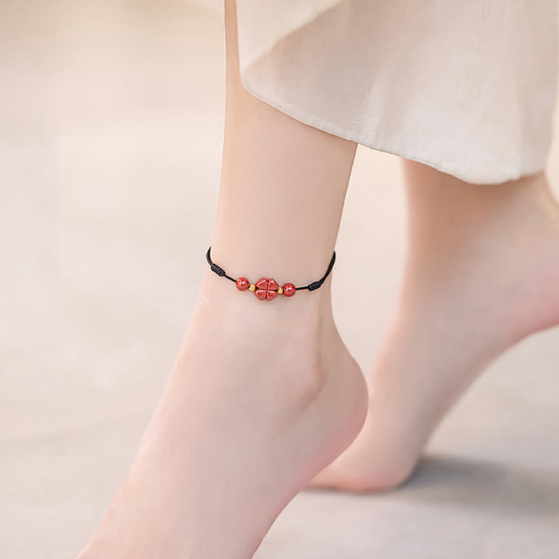 Fortune Jewel Four Leaf Clover Cinnabar Blessing Calm String Bracelet Anklet