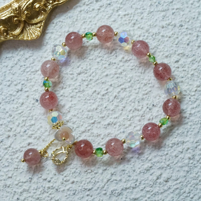 Fortune Jewel Strawberry Quartz Rutilated Quartz Fluorite Flower Healing Bracelet