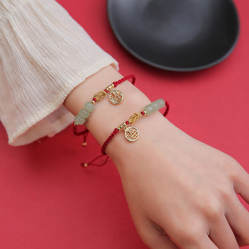 Fortune Jewel Handcrafted Jade Bead Fu Character Charm Luck Red Rope Bracelet