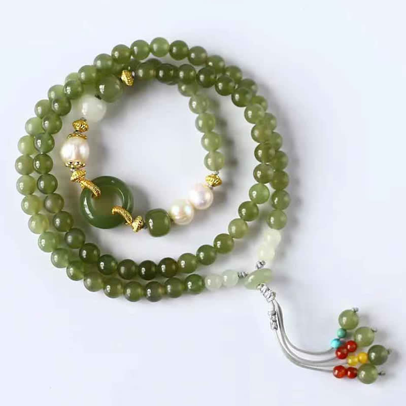 Fortune Jewel Hetian Jade Pearl Peace Buckle Luck Wealth String Bracelet